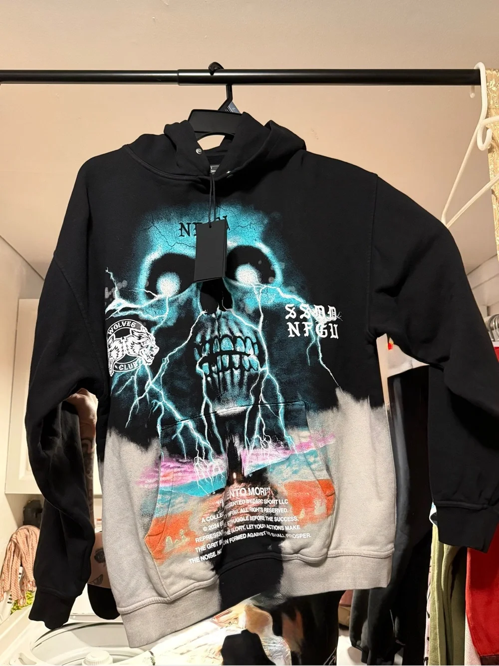 Darc Sport Black Graphic Skull Crewneck Hoodie with Teal and Pink Accents